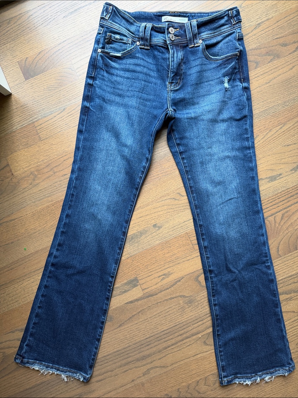 KanCan Dark Indigo Flare Jeans with Raw Hem